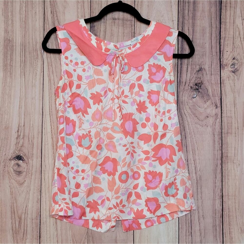 Boden Silk Blend Ivory & Grapefruit Pink Floral Sleeveless Blouse, Sz 4